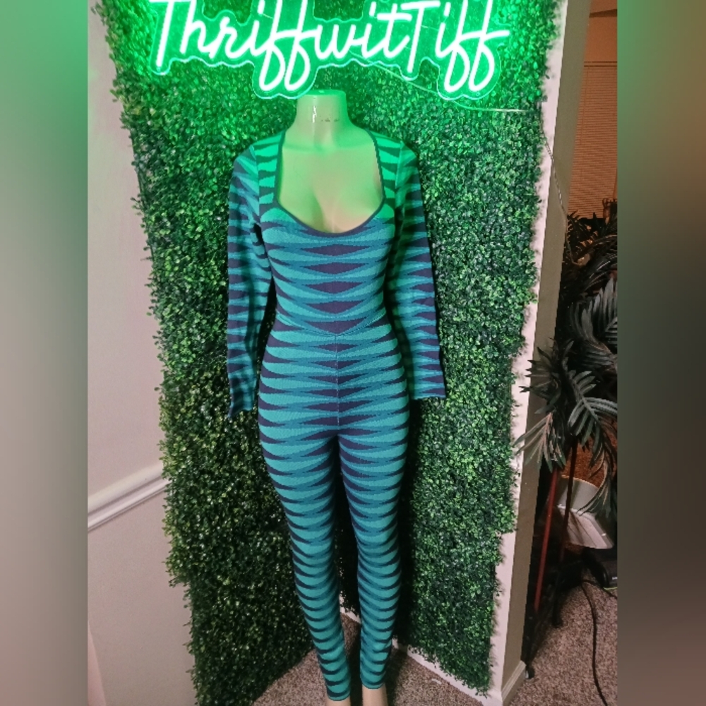 Fashion Nova Teal and Black Striped Jumpsuit